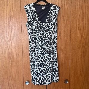 Anne Klein size 10 shift dress, slate grey/cream floral pattern, cowl neck